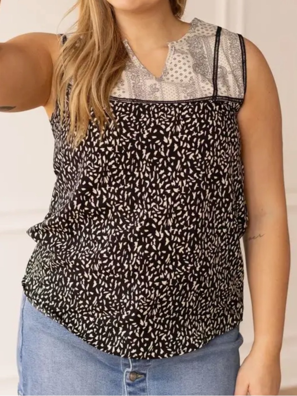 Grace + Emma Sleeveless Black & Cream Paisley Bandana Multi-print Tank Top